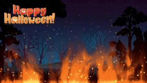 Animated Happy Halloween Text Over Burning Forest Fire Background Stock Footage 345300474