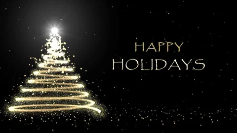 Animated Happy Holidays text, magic Christmas tree, snowfall on dark background Stock-Footage 255084312