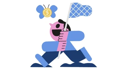 Animated happy man running with net chasing flying coin Stock Footage 323351068