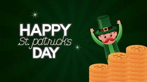 Animated happy st patricks day greeting with leprechaun and golden coins. 動画素材 338314344