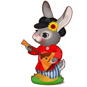 Animated hare with hat and Russian balalaika in clothes isolated on white Stock Illustration