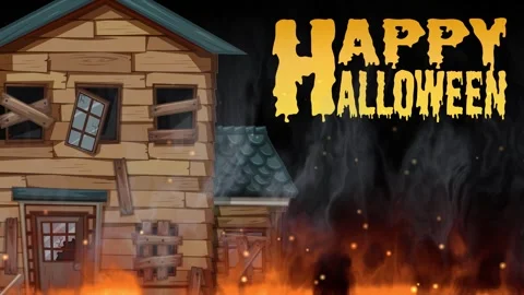 Animated Haunted House with Burning Fire and Happy Halloween Text Stock Footage 339529419