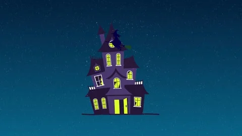 Animated Haunted House with Flying Witch Silhouette Vídeo Stock 331050128