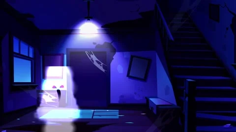 Animated Haunted House with Ghost and Full Moon on Halloween Night. Stock Footage 317698669