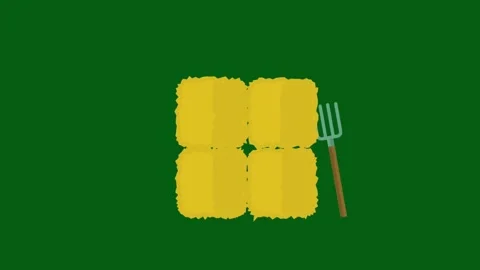 Animated hay bales with pitchfork on dark green background for farming content Stock Footage 331197741