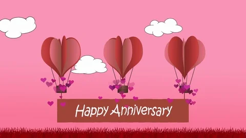 Animated heart shape balloons with happy anniversary banner Stock Footage 101352106