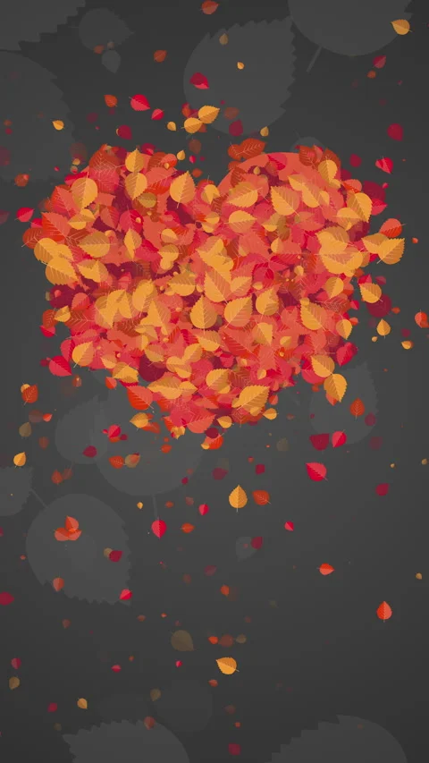 Animated heart shape of yellow and red autumn leaves flying on a gray abstract Stock Footage 284930893
