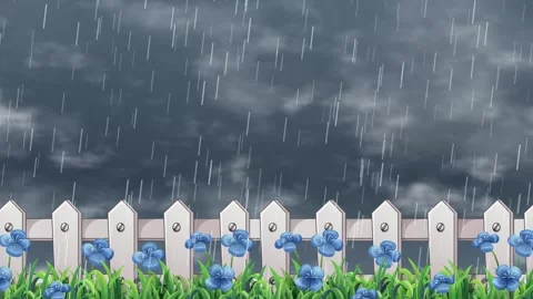Animated Heavy Rain Falling Over Garden Fence and Blue Flowers Stock Footage 340194951