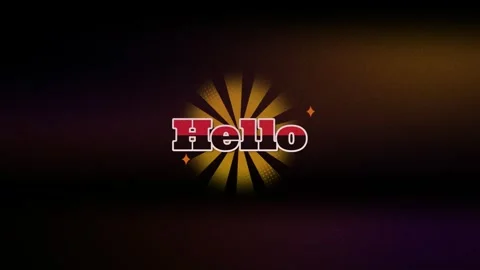 Animated hello typography design featuring golden sunburst rays against a dark Stock Footage 345499868