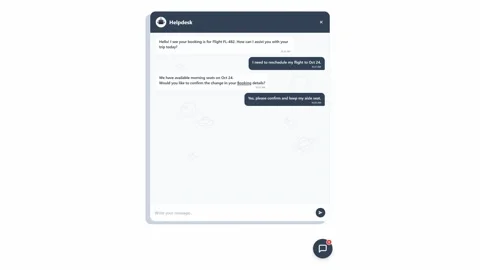 Animated helpdesk chat interface showing customer support messages. 4K Stock Footage 345495249