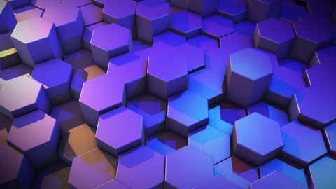 Animated hexagonal cylinders on a purple background. Random movement of figures. Stock Footage 236239157