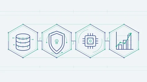Animated Hexagonal Icon Showing Database, Security, Gear, and Chart States Vídeos de archivo 339387590