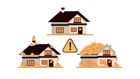 Animated house fire stages with warning sign showing emergency disaster and.. Stock Footage 339256863