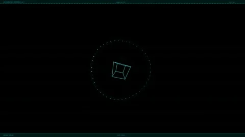 Animated HUD interface displays a 3D shape rotating on a black background a.. Stock Footage 328273849