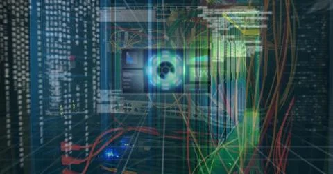 Animated of hud interface with graphics, analysis text and circle above computer Stock Photos