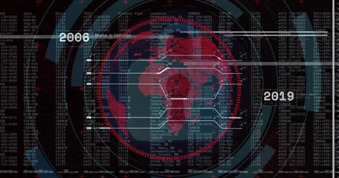 Animated HUD showing rotating red-cyan globe with hexagon overlay and error code 動画素材 307453557