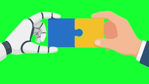 Animated human and AI robot hands connecting puzzle pieces on green screen... Stock Footage 340300484