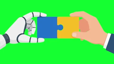 Animated human and AI robot hands connecting puzzle pieces on green screen... Stock Footage 340300494