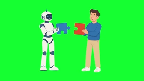 Animated human and AI robot hands connecting puzzle pieces on green screen... Stock Footage 340300497