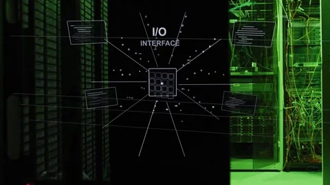 Animated I or O interface emerging from square, linking server racks and cables, 動画素材 332956216