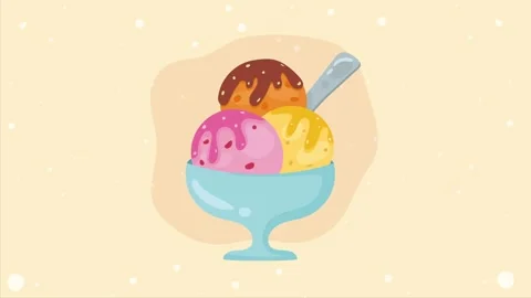 Animated ice cream sundae with three scoops and spoon in festive sparkling .. 스톡 동영상 333721253