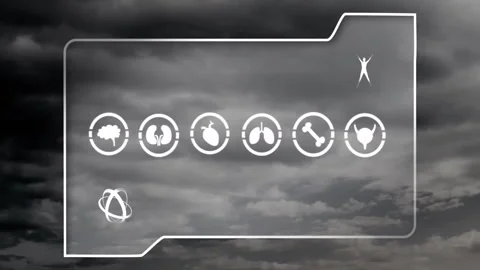 Animated icons of various objects floating over cloudy sky background 库存影片 304019721
