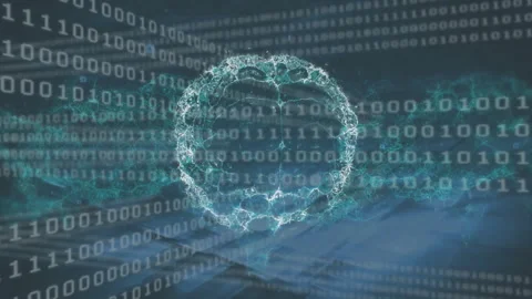 Animated illustration cascading binary code igniting neon cyan brain rotating Stock Footage 314657484