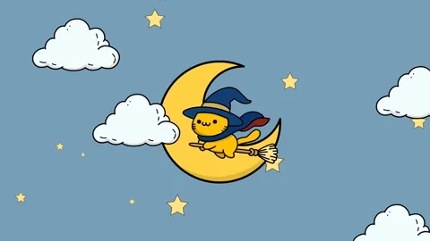 Animated illustration of a cat witch flying near a star-filled crescent moon Stock Footage 317243582