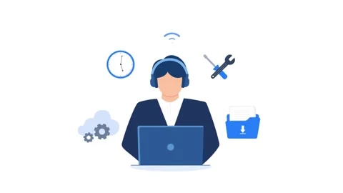 Animated Illustration of Customer Support Representative Working on Laptop Vídeo Stock 347669309