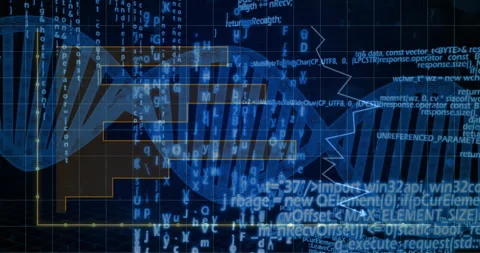 Animated illustration displaying double helix spanning frame, overlaying code Vidéo 308657960