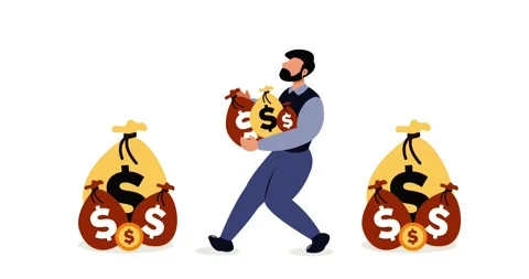 Animated illustration of a man and stacks of money Stock Footage 337355270