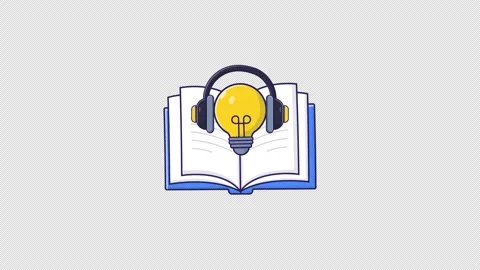 Animated Illustration of an Open Book with bulb and Headphones - Transparent Stock Footage 346018352