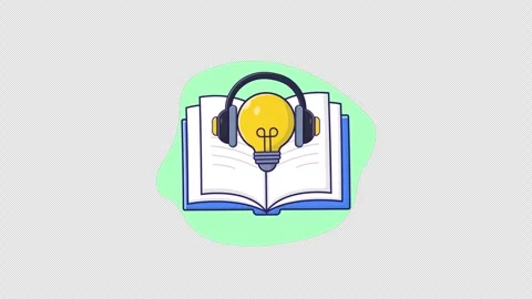 Animated Illustration of an Open Book with bulb and Headphones - Transparent Stock Footage 346018406