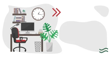 Animated illustration of work space with working clock and moving plant. Stock Footage 129957966