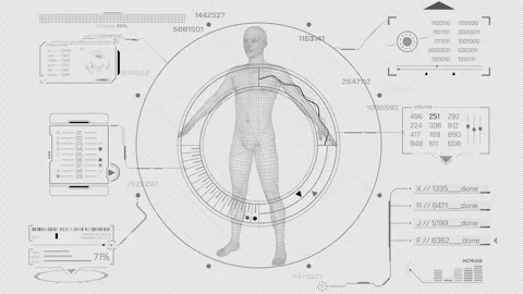 Animated interface with HUD and infographic elements for data research Stock Footage 312887576