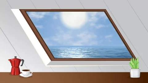 Animated Interior Window View of Sunny Ocean and Clear Blue Sky Stock Footage 344835213