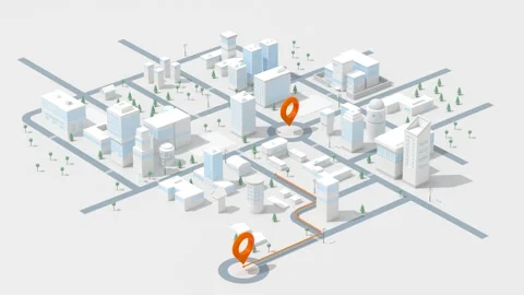 Animated isometric 3d city map showing route between two location pins with.. Stock Footage 332147158