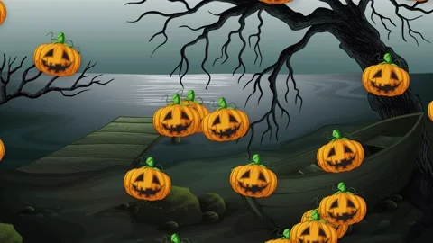 Animated Jack O Lantern Pumpkins Floating Over Spooky Night Lake Scene Stock Footage 340006433