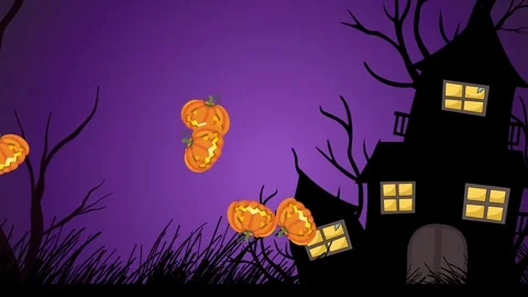 Animated Jack O Lanterns Bouncing in Front of Haunted House Silhouette Stock Footage 341716643