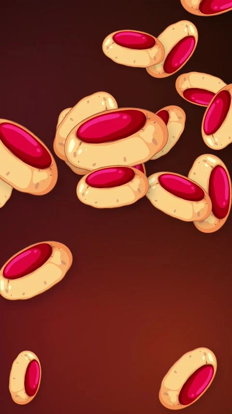 Animated Jam Thumbprint Cookies Falling Against a Dark Red Background Stock Footage 344931542