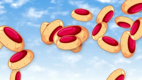 Animated Jam Thumbprint Cookies Falling Through a Bright Blue Sky Stock Footage 345707782