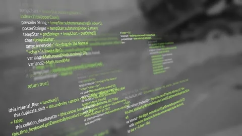 Animated JavaScript code blocks floating over blurred hardware backdrop, showing Stock Footage 329032266