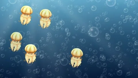 Animated Jellyfish Swarm Floating in Deep Blue Underwater Ocean Current Stock Footage 341462191