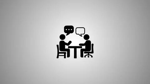 Animated job interview icon showing two people talking at desk with speech .. Stock Footage 346491231