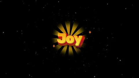 Animated joy text labels with radiating sunburst backgrounds against a dark Stock Footage 345499960