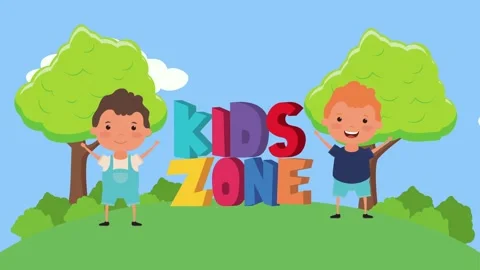 Animated kids zone logo with two happy children and trees in park landscape.. Vídeo Stock 338315805