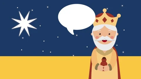 Animated king with crown and gift box under starry sky during nativity. Stock Footage 334268727