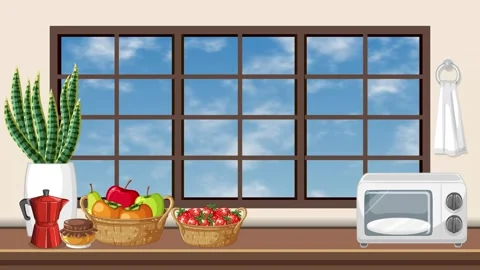 Animated Kitchen Counter with Drifting Clouds Through Large Window Stock Footage 345125274
