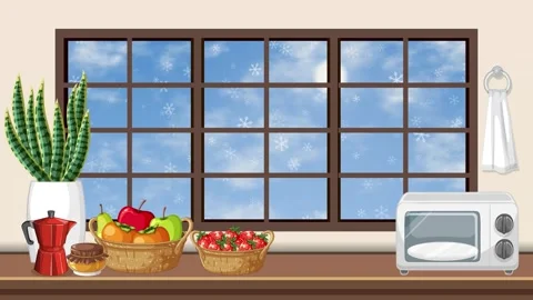 Animated Kitchen Counter with Falling Snow Outside the Window Stock Footage 344936806