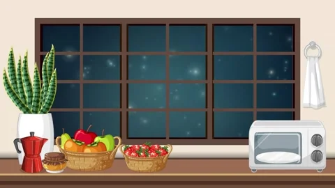 Animated Kitchen Counter with Magic Glow Particles Drifting Outside Window Stock Footage 346427470